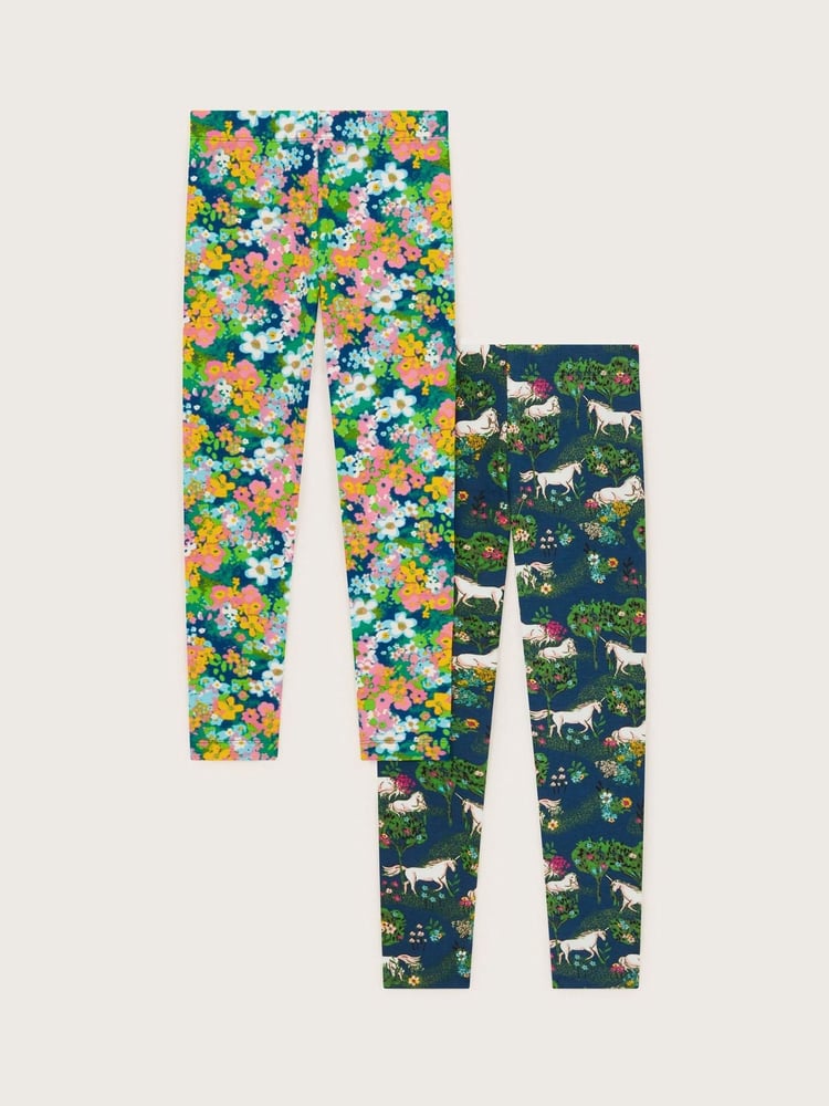Monsoon Blue Unicorn Floral Print Leggings 2 Pack - Image 2 of 4