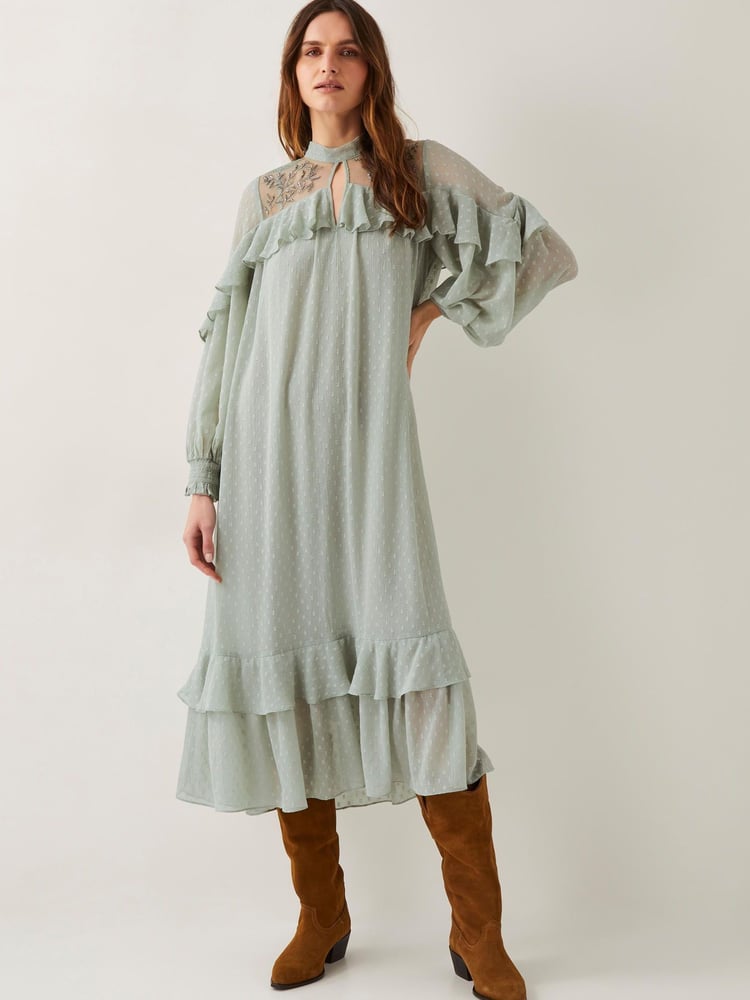 Monsoon Green Debbie Polka Dot Ruffle Maxi Dress - Image 1 of 5