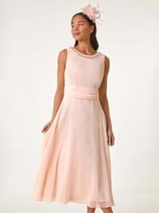Roman Pink Petite Trim Detail Ruched Midi Dress - Image 1 of 5