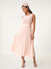 Roman Pink Petite Trim Detail Ruched Midi Dress - Image 2 of 5