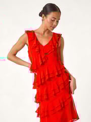 Roman Red Petite Plain Ruffle Tiered Shift Dress - Image 1 of 5