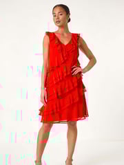 Roman Red Petite Plain Ruffle Tiered Shift Dress - Image 2 of 5