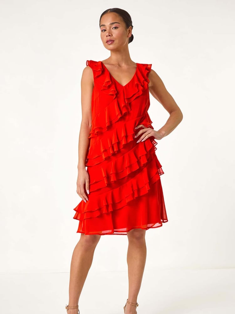 Roman Red Petite Plain Ruffle Tiered Shift Dress - Image 2 of 5