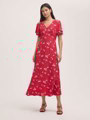 Finery Red Saskia Floral Print Crepe Midi Tea Dress - Image 1 of 4