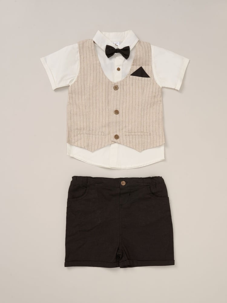 Little Gent 100% Cotton Brown Shirt with Mock Waistcoat Shorts and Bowtie Outfit Set - Image 1 of 5