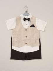 Little Gent 100% Cotton Brown Shirt with Mock Waistcoat Shorts and Bowtie Outfit Set - Image 3 of 5