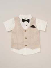 Little Gent 100% Cotton Brown Shirt with Mock Waistcoat Shorts and Bowtie Outfit Set - Image 4 of 5