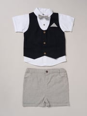 Little Gent 100% Cotton Brown Shirt with Mock Waistcoat Shorts and Bowtie Outfit Set - Image 1 of 5
