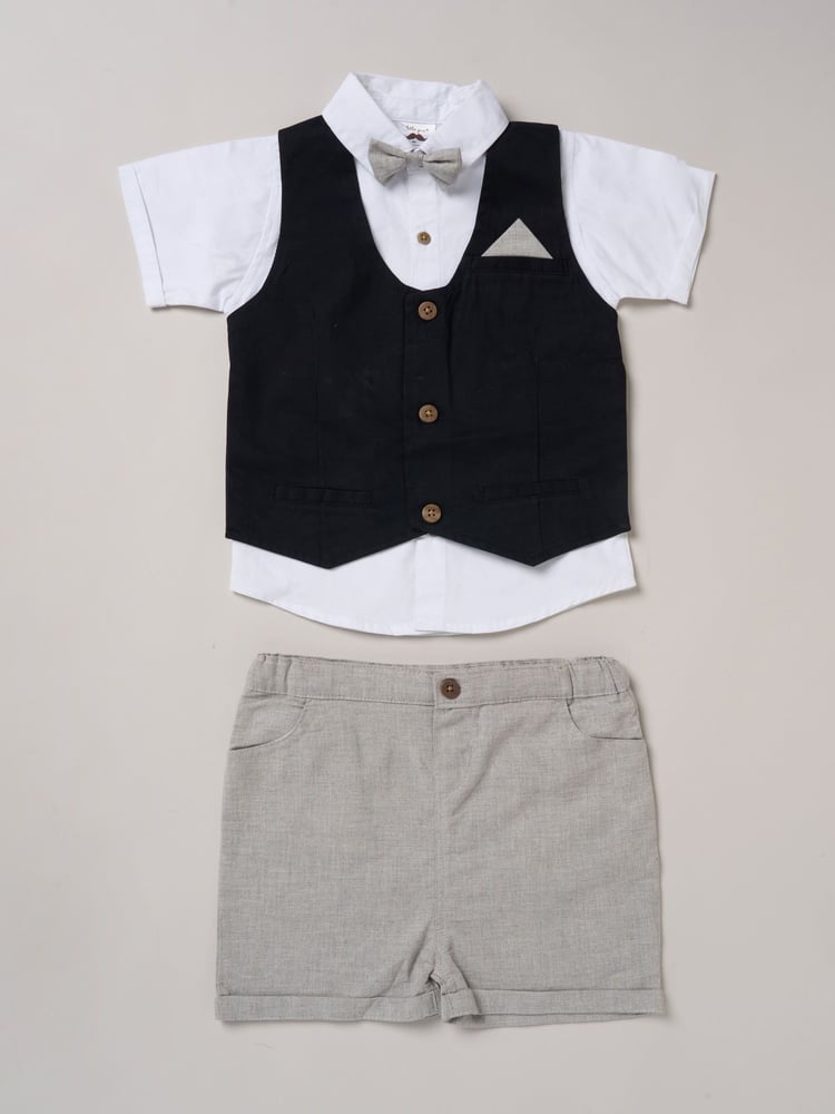 Little Gent 100% Cotton Brown Shirt with Mock Waistcoat Shorts and Bowtie Outfit Set - Image 1 of 5