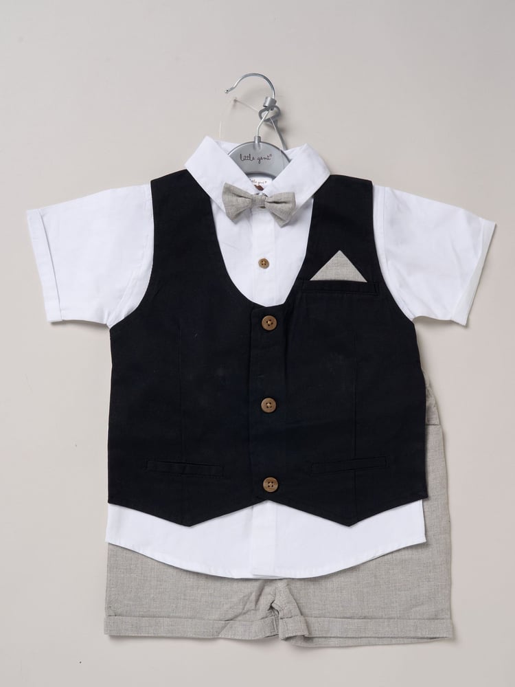 Little Gent 100% Cotton Brown Shirt with Mock Waistcoat Shorts and Bowtie Outfit Set - Image 2 of 5