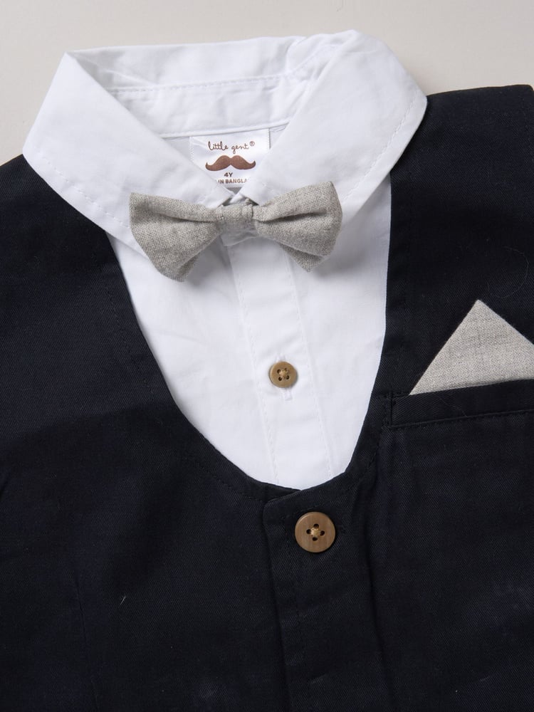 Little Gent 100% Cotton Brown Shirt with Mock Waistcoat Shorts and Bowtie Outfit Set - Image 5 of 5