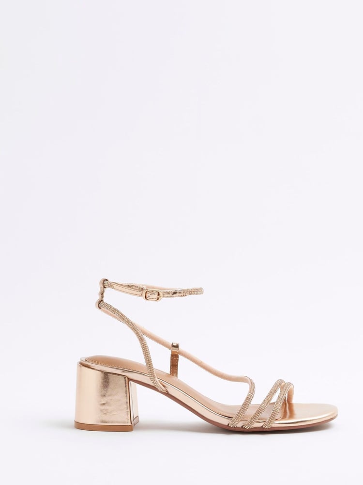 River Island Gold Strappy Block Heel Sandals - Image 1 of 5 River Island Gold Strappy Block Heel Sandals - Image 1 of 5