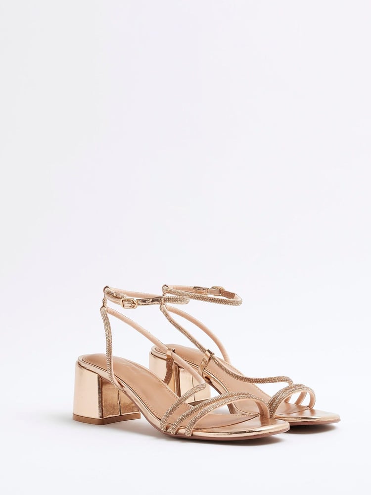 River Island Gold Strappy Block Heel Sandals - Image 2 of 5 River Island Gold Strappy Block Heel Sandals - Image 2 of 5