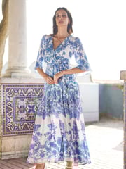 Yumi Blue Paisley Wrap Midi Dress With 3/4 Sleeves - Image 1 of 5