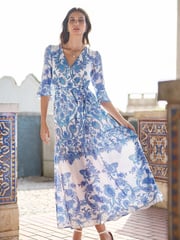 Yumi Blue Paisley Wrap Midi Dress With 3/4 Sleeves - Image 3 of 5