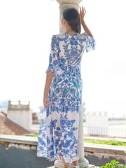 Yumi Blue Paisley Wrap Midi Dress With 3/4 Sleeves - Image 4 of 5