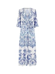 Yumi Blue Paisley Wrap Midi Dress With 3/4 Sleeves - Image 5 of 5
