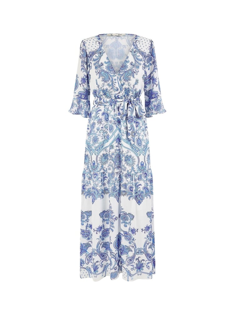 Yumi Blue Paisley Wrap Midi Dress With 3/4 Sleeves - Image 5 of 5