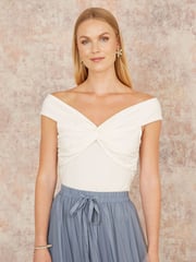 Yumi White Jersey Bardot 100% Cotton Top With Knot Detail - Image 1 of 4