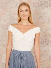 Yumi White Jersey Bardot 100% Cotton Top With Knot Detail - Image 3 of 4