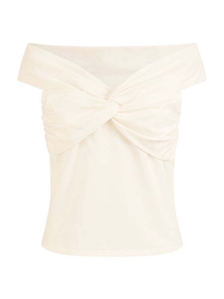Yumi White Jersey Bardot 100% Cotton Top With Knot Detail - Image 4 of 4