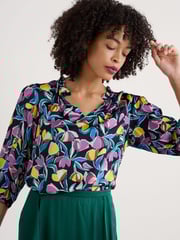 Seasalt Cornwall Black Multi Flower Weave Satin Frill Neck Print  Blouse - Image 1 of 5
