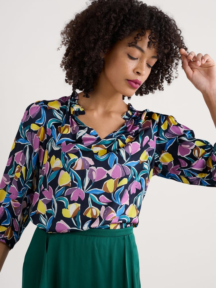 Seasalt Cornwall Black Multi Flower Weave Satin Frill Neck Print  Blouse - Image 1 of 5