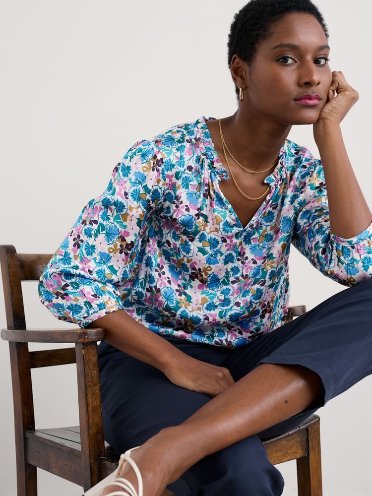 Seasalt Cornwall Coral Blue Multi Flower Weave Satin Frill Neck Print Blouse - Image 1 of 5 Seasalt Cornwall Coral Blue Multi Flower Weave Satin Frill Neck Print Blouse - Image 1 of 5