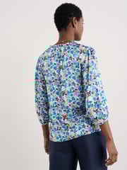 Seasalt Cornwall Coral Blue Multi Flower Weave Satin Frill Neck Print  Blouse - Image 2 of 5