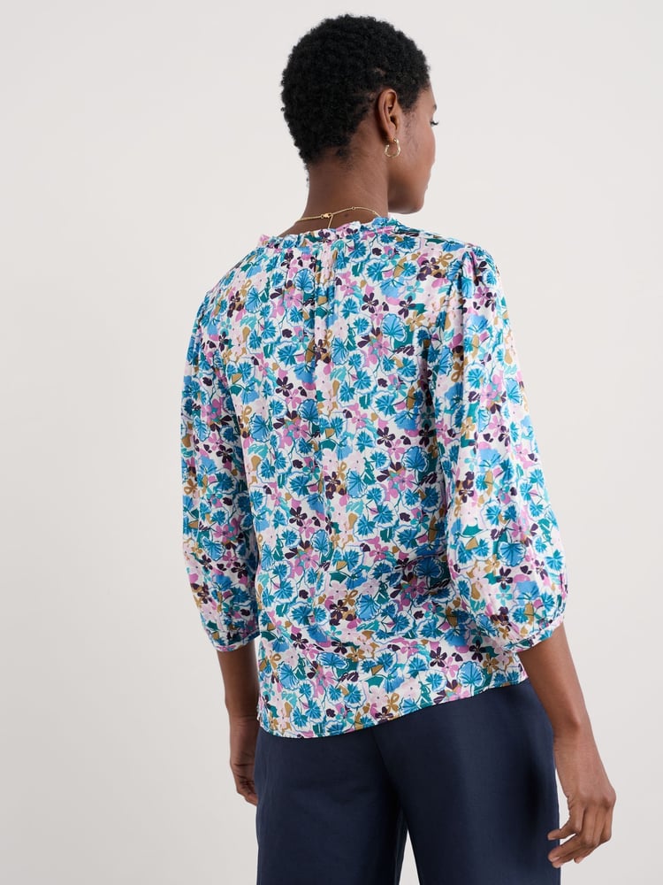 Seasalt Cornwall Coral Blue Multi Flower Weave Satin Frill Neck Print Blouse - Image 2 of 5 Seasalt Cornwall Coral Blue Multi Flower Weave Satin Frill Neck Print Blouse - Image 2 of 5