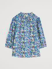 Seasalt Cornwall Coral Blue Multi Flower Weave Satin Frill Neck Print  Blouse - Image 4 of 5