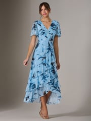 Jolie Moi Blue Mesh Print Frill Hem Midaxi Dress - Image 1 of 6