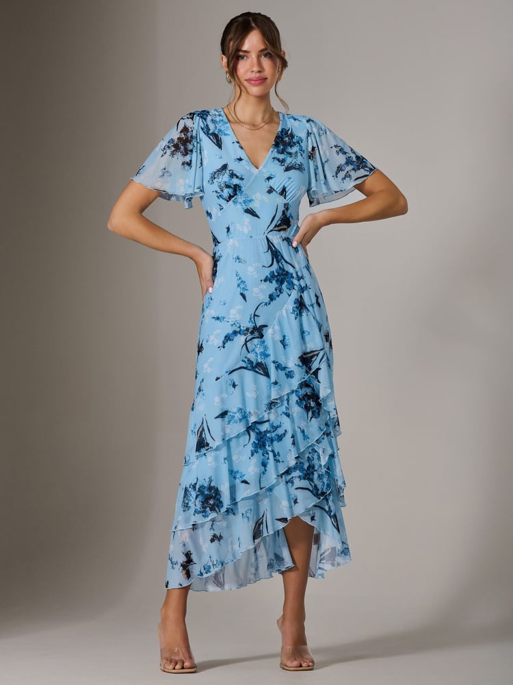 Jolie Moi Blue Mesh Print Frill Hem Midaxi Dress - Image 2 of 6