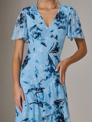 Jolie Moi Blue Mesh Print Frill Hem Midaxi Dress - Image 5 of 6