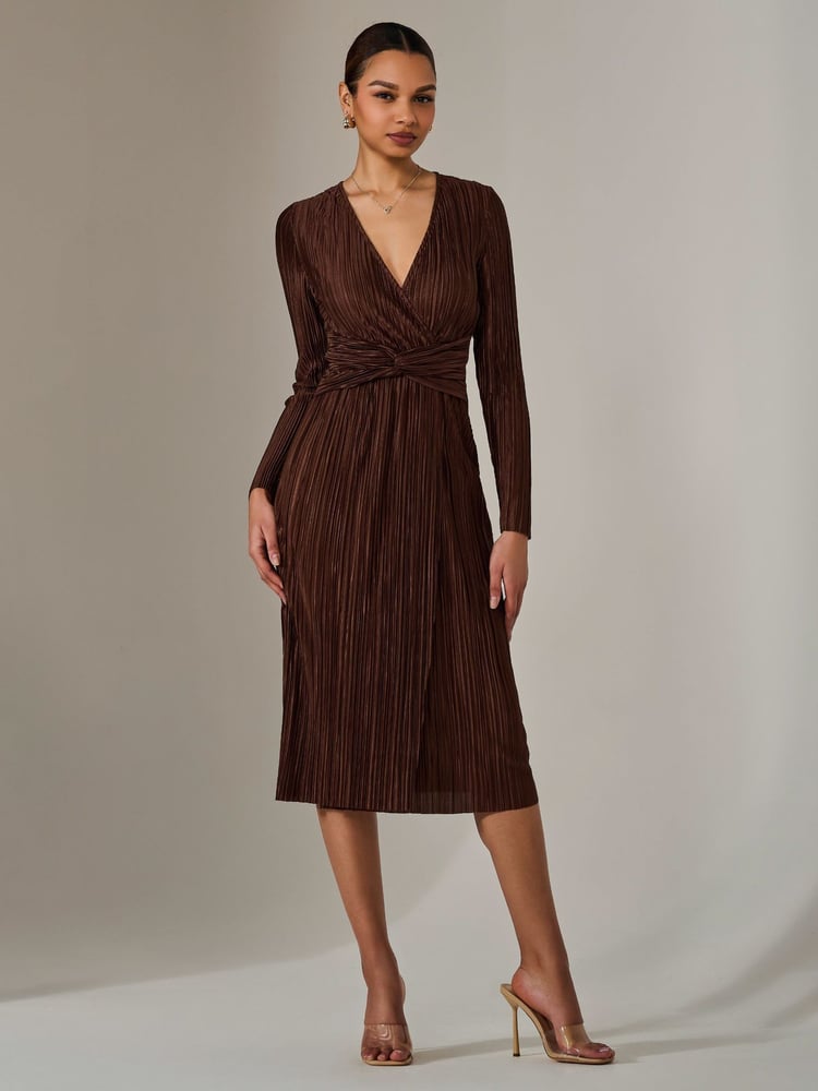 Jolie Moi Brown Plisse Long Sleeve Midi Dress - Image 1 of 6