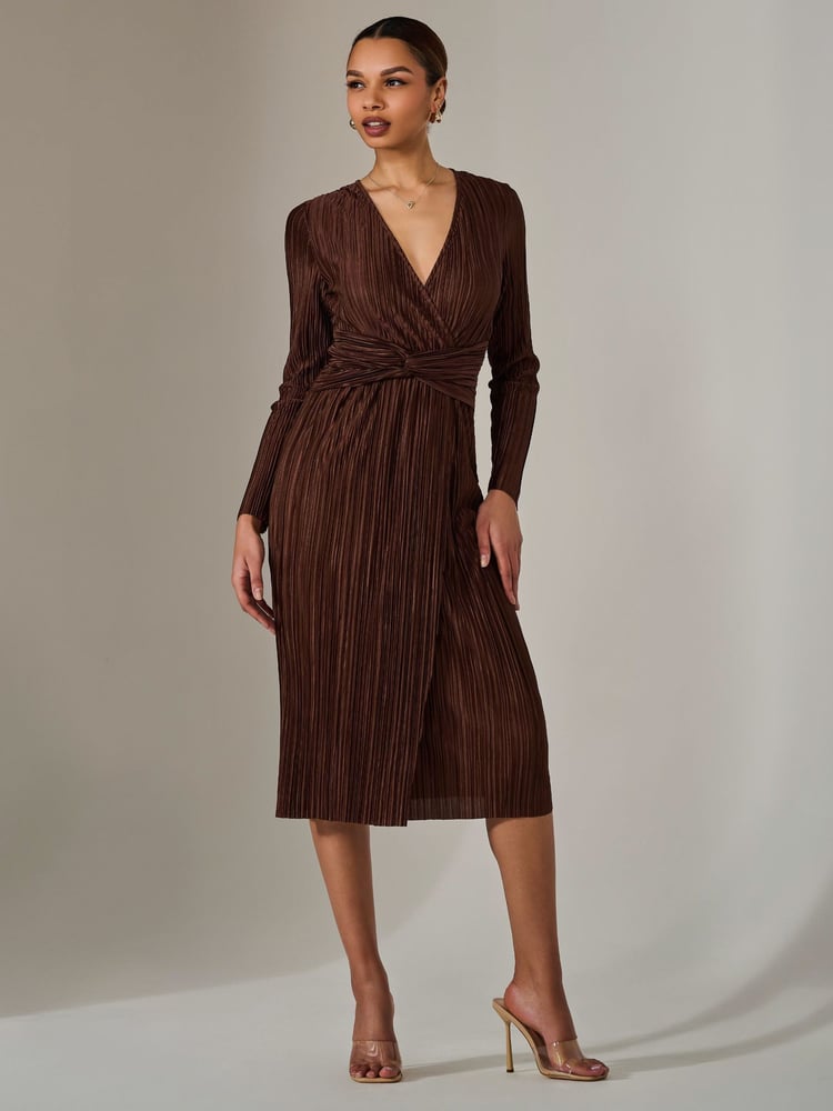 Jolie Moi Brown Plisse Long Sleeve Midi Dress - Image 2 of 6
