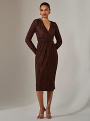 Jolie Moi Brown Plisse Long Sleeve Midi Dress - Image 3 of 6