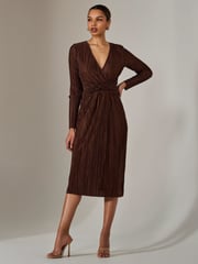 Jolie Moi Brown Plisse Long Sleeve Midi Dress - Image 4 of 6