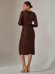 Jolie Moi Brown Plisse Long Sleeve Midi Dress - Image 6 of 6