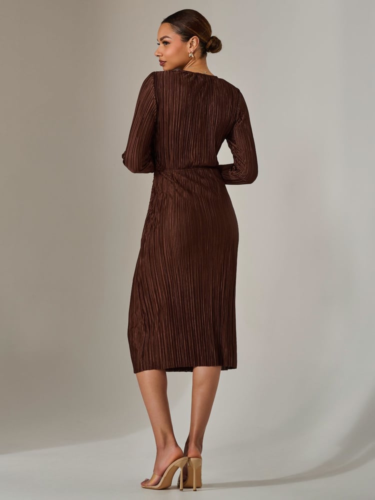 Jolie Moi Brown Plisse Long Sleeve Midi Dress - Image 6 of 6