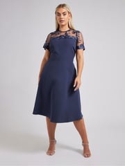 Yours Curve Blue London Embriodered Flare Dress - Image 1 of 5