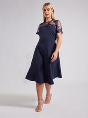 Yours Curve Blue London Embriodered Flare Dress - Image 2 of 5