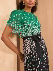 Love & Roses Green Mono Spot Pleated Petal Sleeve Midi Dress - Image 4 of 5