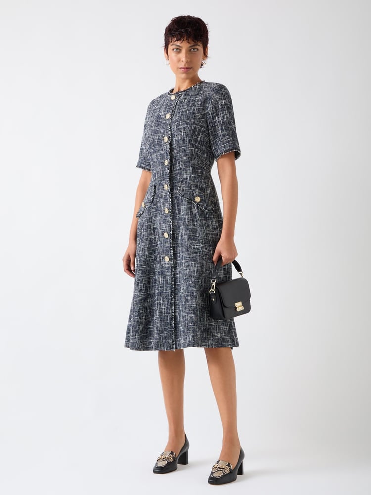LK Bennett Blue Suzie Cotton Blend Tweed Button Through Dress - Image 1 of 3
