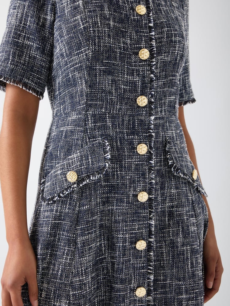 LK Bennett Blue Suzie Cotton Blend Tweed Button Through Dress - Image 3 of 3