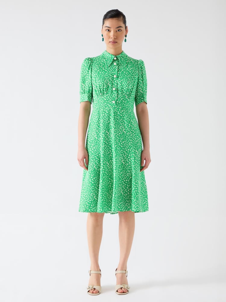 LK Bennett Green Esme Jelly Bean & Birch Viscose Ikat Spot Print Fit & Flare Collared Dress - Image 1 of 3