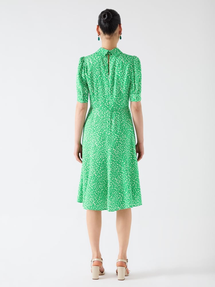 LK Bennett Green Esme Jelly Bean & Birch Viscose Ikat Spot Print Fit & Flare Collared Dress - Image 2 of 3