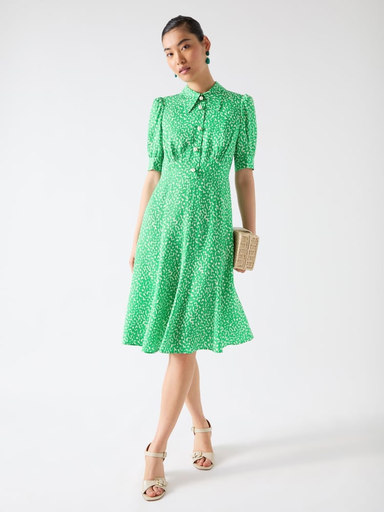 LK Bennett Green Esme Jelly Bean & Birch Viscose Ikat Spot Print Fit & Flare Collared Dress - Image 3 of 3