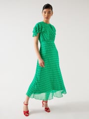 LK Bennett Green Ellen Jelly Bean & Birch Viscose Polka Dot Print Frill Collar Dress - Image 3 of 4