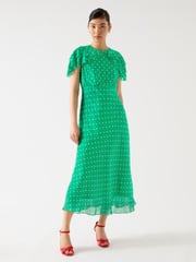 LK Bennett Green Petite Ellen Jelly Bean & Birch Viscose Polka Dot Print Frill Collar Dress - Image 1 of 3